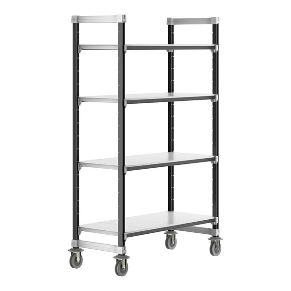 A black and silver Cambro Camshelving unit with wheels.