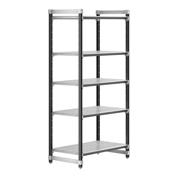 A white Cambro Camshelving Elements XTRA starter unit with four vented shelves.
