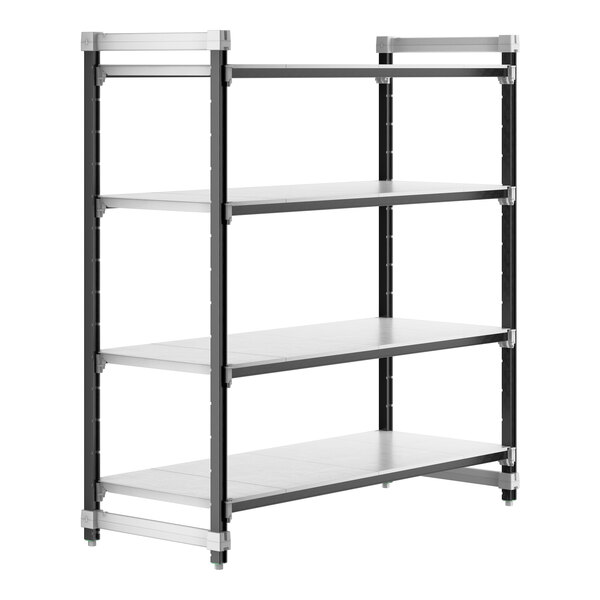 A black metal Cambro Camshelving unit with four shelves.