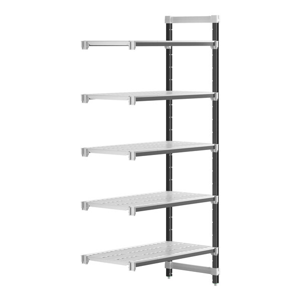 A Cambro metal shelf with five vented shelves on a white background.