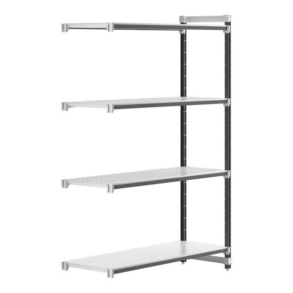 A white metal Cambro Camshelving® Elements Add-On Unit with 4 shelves.