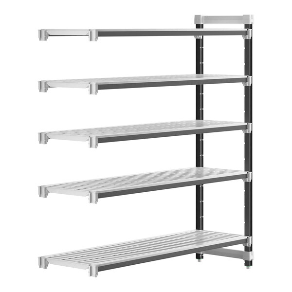 A white metal Cambro Camshelving Elements Add-On Unit with four shelves.