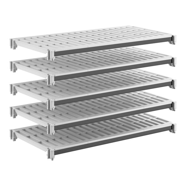 A set of five vented plastic shelving units designed for modular storage.
