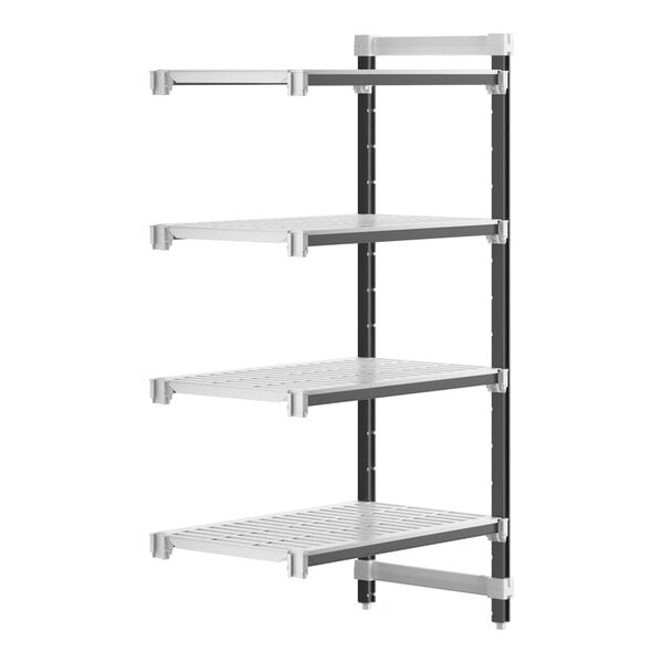 A white Cambro Camshelving Elements add-on unit with black shelves.
