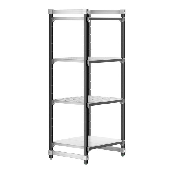 A black and silver Cambro Camshelving Elements XTRA shelving unit with four shelves.