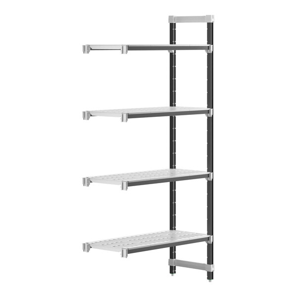 A metal Cambro Camshelving® Elements XTRA Add-On shelf unit with four shelves.