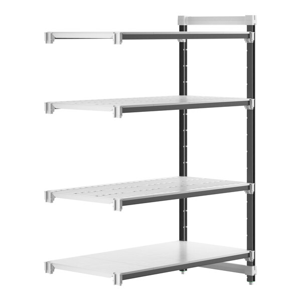 A white Camshelving® Elements XTRA 4-Shelf Combo Add-On Unit with black legs.