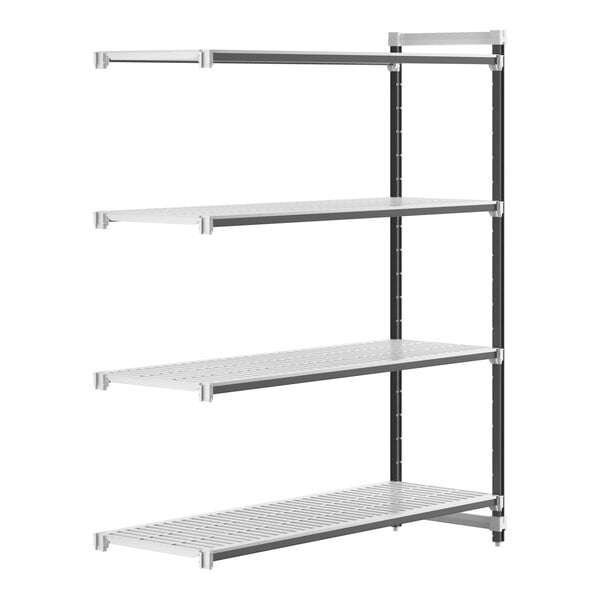 A white metal Cambro Camshelving® Elements Add-On Unit with four shelves.
