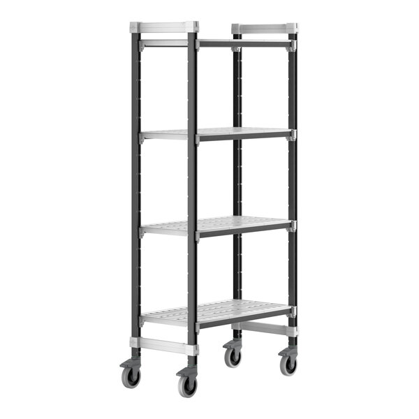 A metal Cambro Camshelving Elements XTRA mobile unit with wheels and 4 vented shelves.