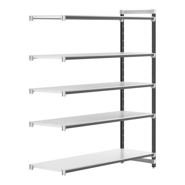 A white Camshelving® Elements XTRA 5-shelf Add-On Unit with black metal rods.