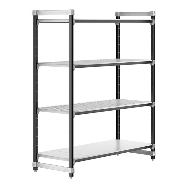 A black metal Cambro Camshelving Elements starter unit with 4 shelves.