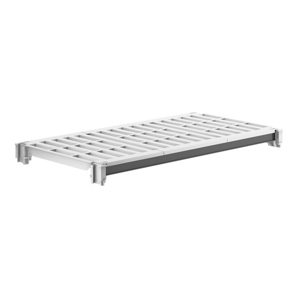A white rectangular metal shelf with vented shelves.