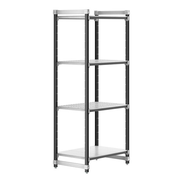 A metal Cambro Camshelving® starter unit with four shelves.