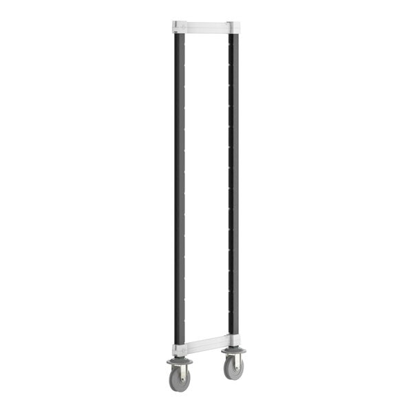 A black and white metal mobile post with wheels.