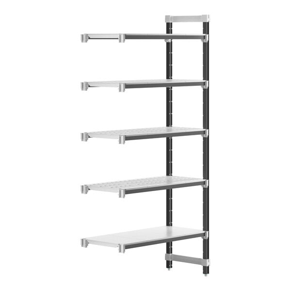 A white Cambro Camshelving Elements XTRA add-on unit shelf with black legs.