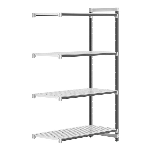 A white and grey Cambro Camshelving® Elements XTRA 4-shelf add-on unit.