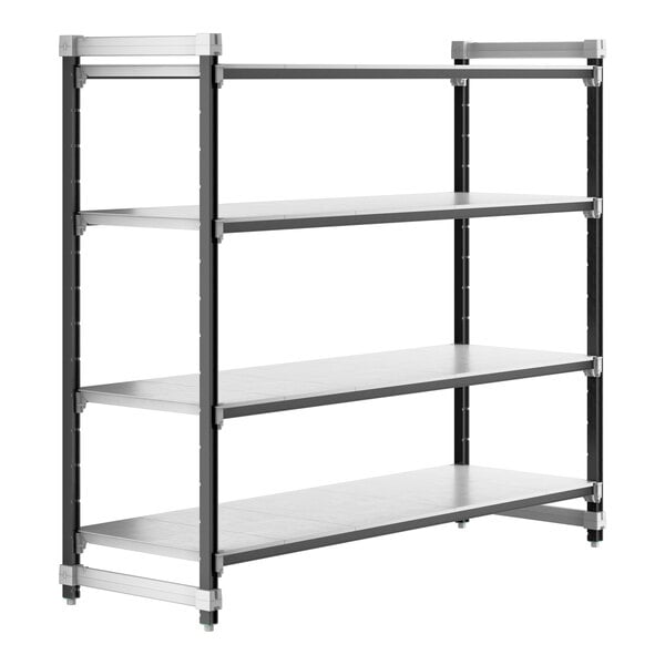 A metal shelving unit with four Camshelving® shelves.