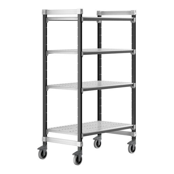 A metal Cambro Camshelving Elements mobile unit with four vented shelves.
