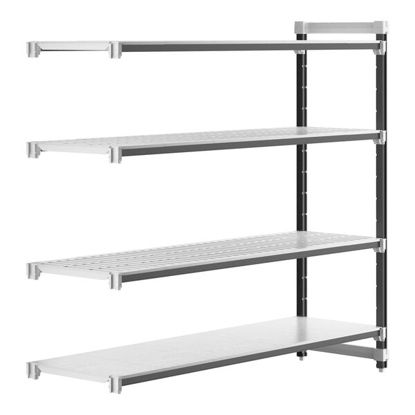 A metal shelving unit with four white shelves and black trim.