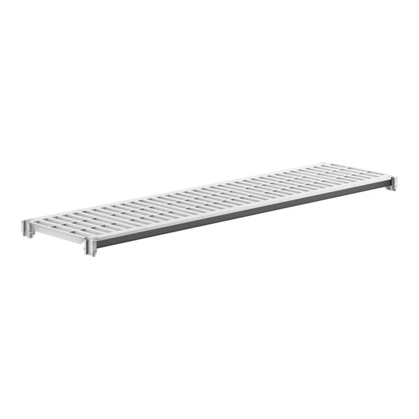 A white metal shelf with metal rails and a white vented grate.
