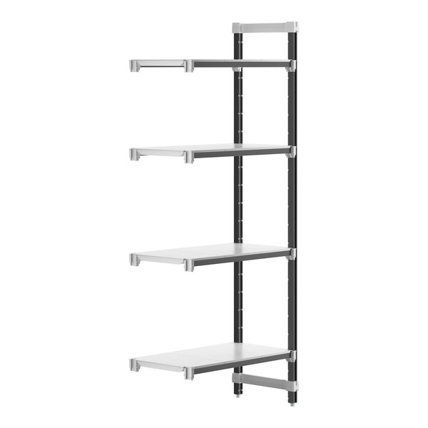 A metal Cambro Camshelving® Elements XTRA add-on shelf unit with four shelves.