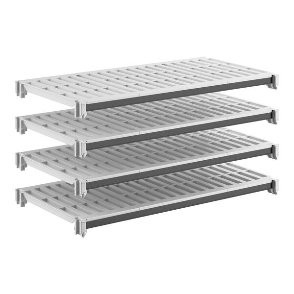 A set of four vented plastic shelving panels designed for modular shelving systems.