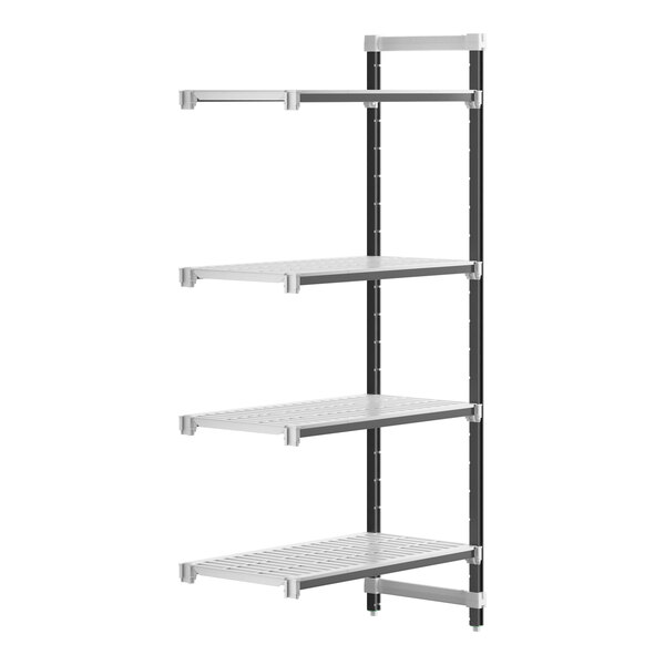 A metal Cambro Camshelving Elements XTRA add-on shelf unit with four shelves.