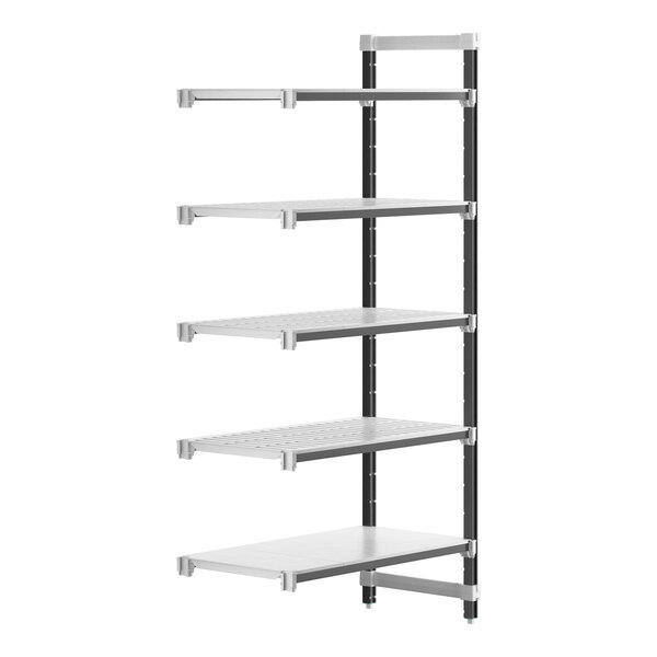 A white Camshelving unit with black legs and four shelves.