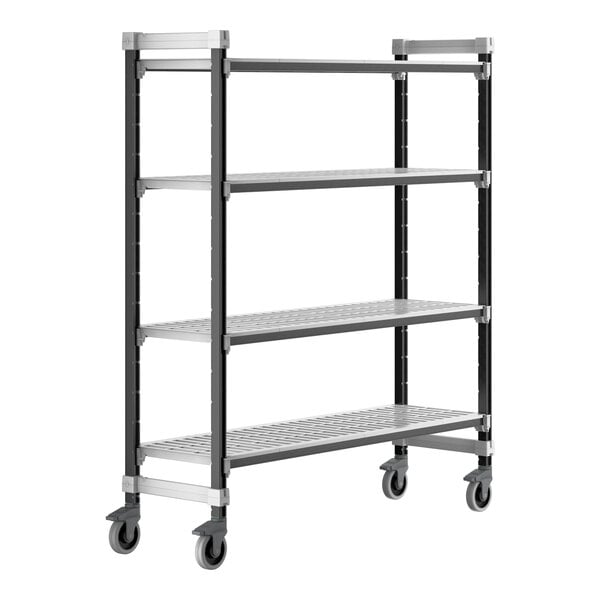 A grey metal Cambro Camshelving Elements mobile unit with 4 vented shelves and wheels.
