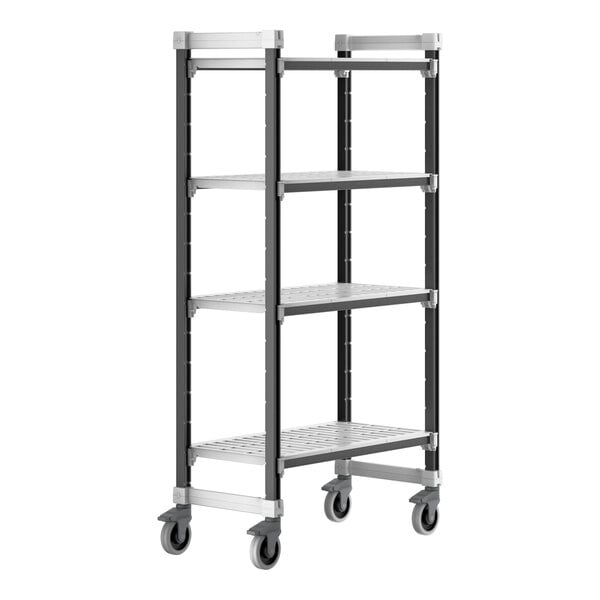 A Cambro Camshelving Elements XTRA 4-shelf mobile unit with black shelves and posts and white vented shelves on wheels.
