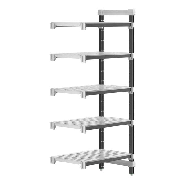 A white Cambro Camshelving Elements add-on unit shelf with four shelves.