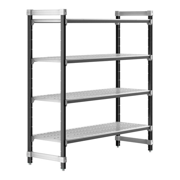A grey metal Camshelving unit with four shelves.
