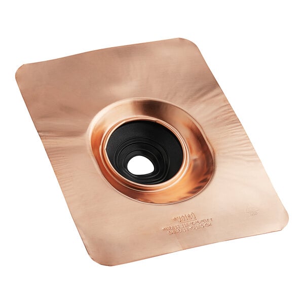 A close-up of a copper Oatey high-rise roof flashing.