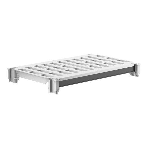 A white plastic shelf with vented shelves.