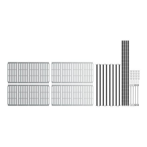 A white metal Cambro Camshelving unit with four shelves and several metal bars.