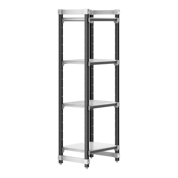 A black and silver Cambro Camshelving Elements XTRA 4-shelf unit.