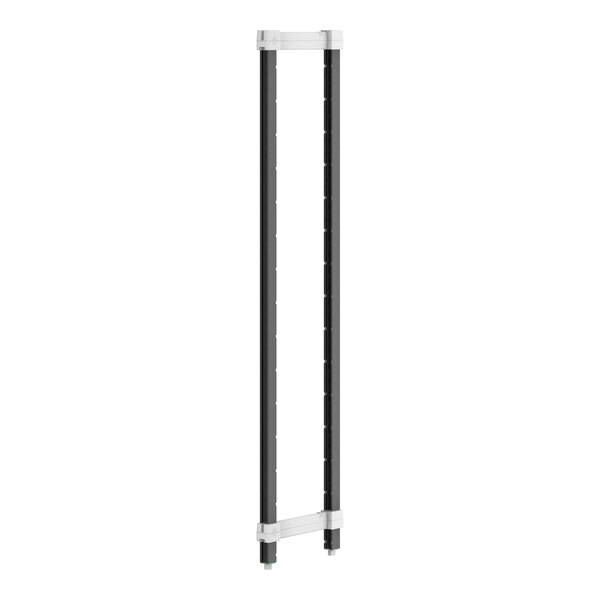 A black rectangular metal post with black and white labels on a white background.