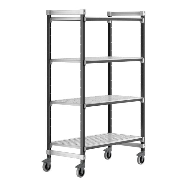 A black Cambro metal mobile shelving unit with vented shelves and wheels.