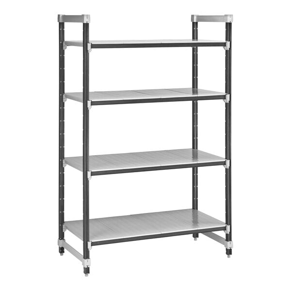 A grey Cambro Camshelving Elements XTRA starter unit with four shelves.