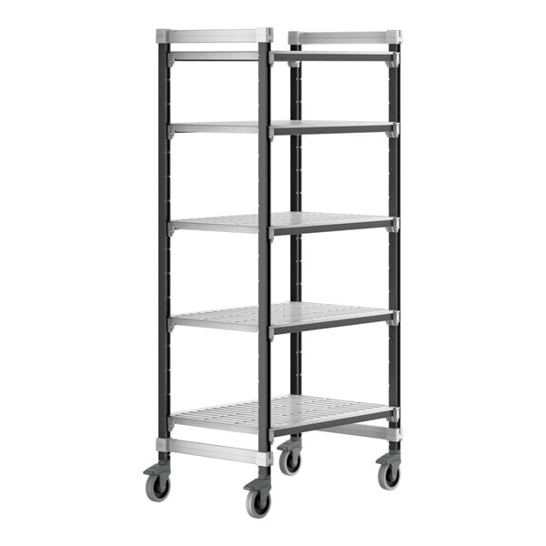 A Cambro Elements metal shelving unit with wheels.