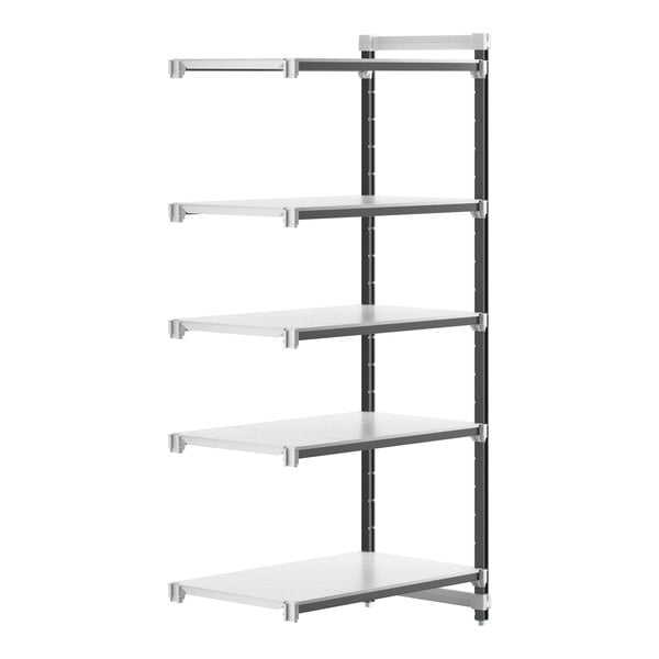 A white Cambro Camshelving Elements add-on unit with black shelves.