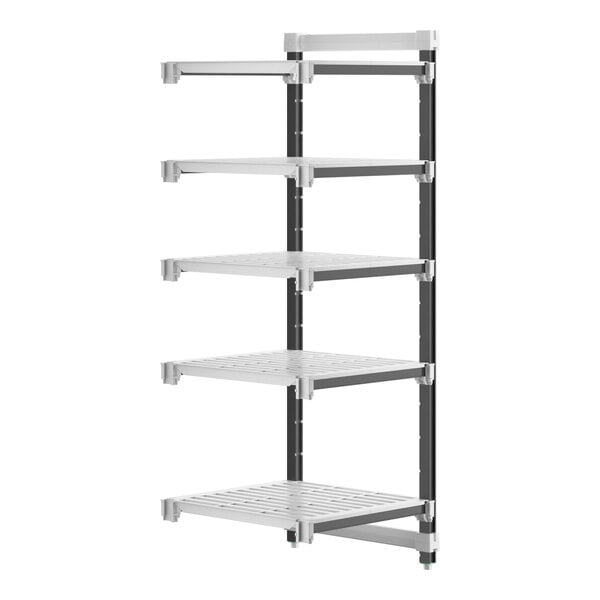 A white Cambro Camshelving® Elements XTRA 5-shelf add-on unit with vented shelves.