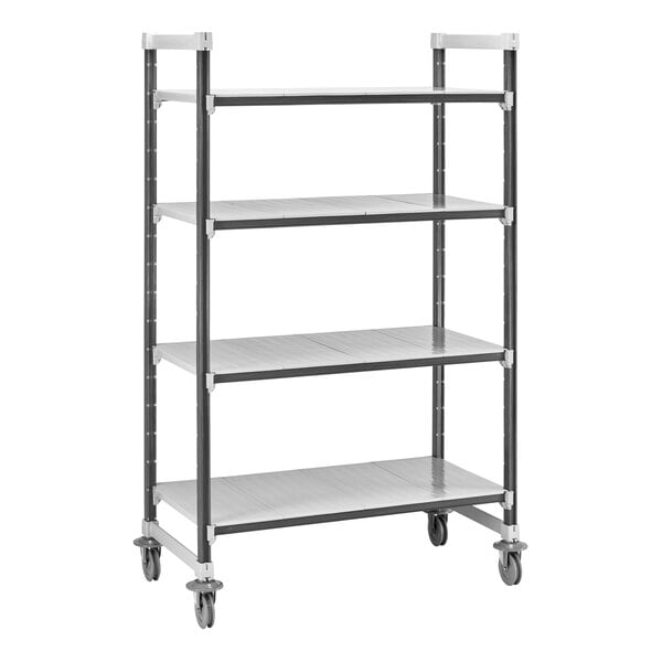 A grey Cambro Camshelving® Elements mobile unit with four shelves and white wheels.