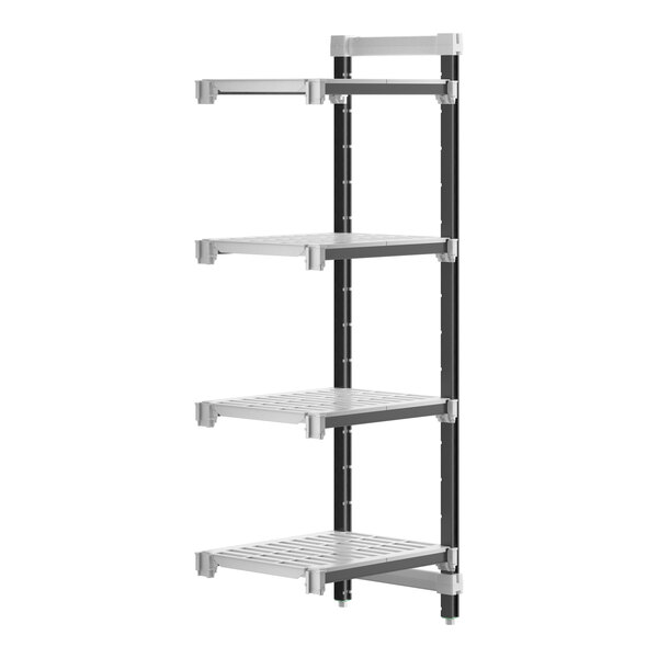 A white metal Cambro Camshelving Elements XTRA add-on unit with four shelves.
