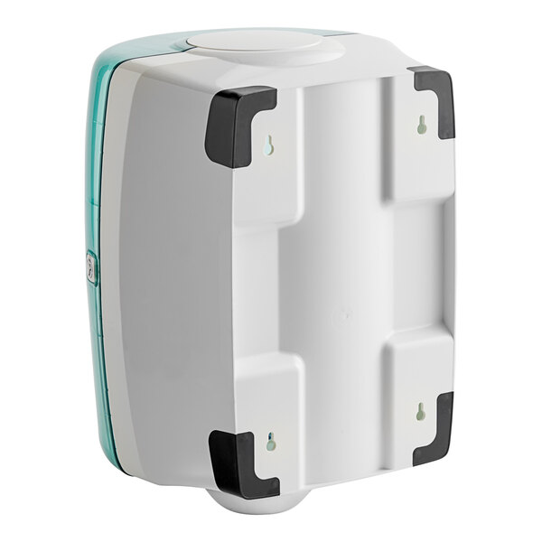 A white and blue plastic box for Tork Performance Maxi Center Pull Wiper Dispenser.