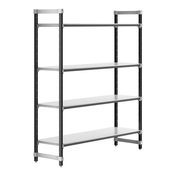 A black metal Cambro Camshelving® Elements starter unit with 4 shelves.