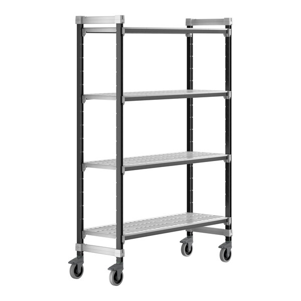 A metal Cambro Camshelving Elements mobile unit with vented shelves and wheels.