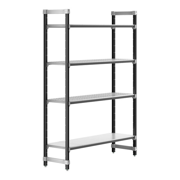 A black and silver Cambro Camshelving Elements XTRA 4-shelf starter unit.