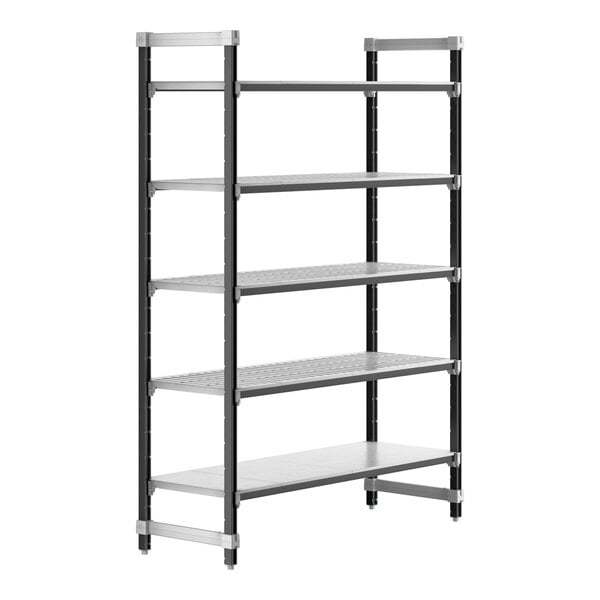 A metal Cambro Camshelving unit with four shelves.