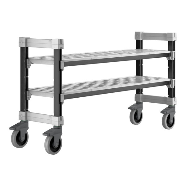 A metal Cambro Camshelving Elements undercounter unit with black and gray metal legs and wheels with two vented shelves.